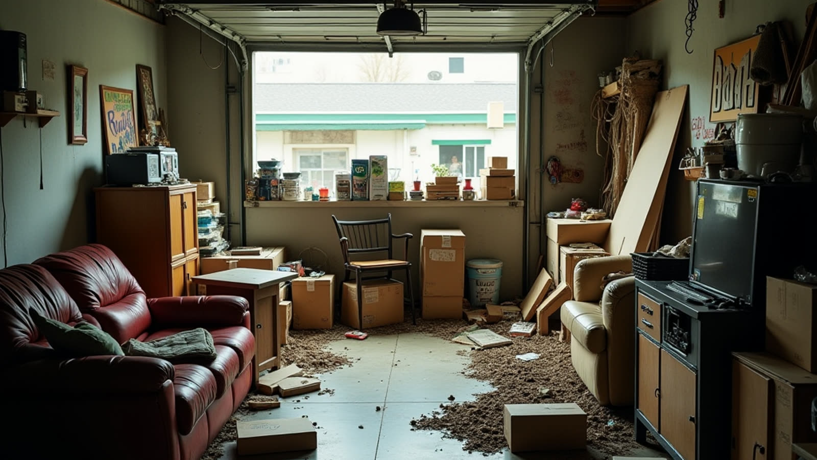 Cluttered garage before junk removal in Denver